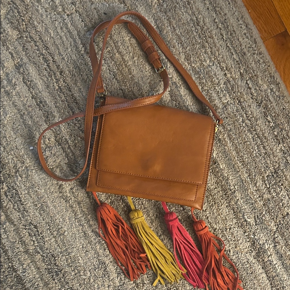 INC International Concepts Tan Crossbody Bag with Colorful Tassels